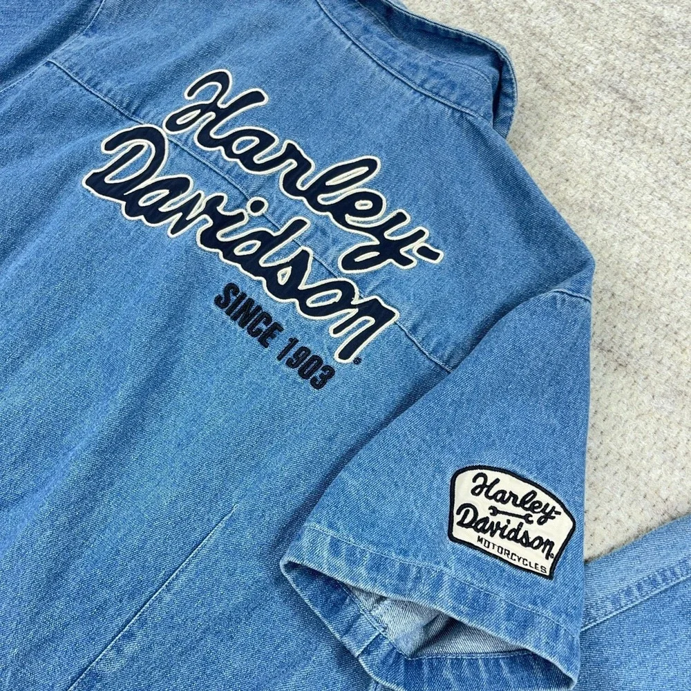 Harley Davidson Denim Bib Coverall Jumpsuit Women Large Blue Embroidered Y2K - Picture 3 of 16